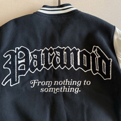 Black Squad x Paranoid Society Bomber Jacket used, men's size L, black and beige