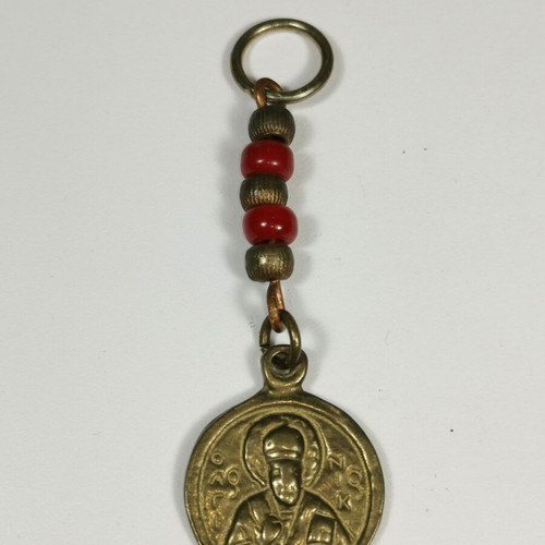 Christian bronze keychain used with Saint Nicholas image vintage