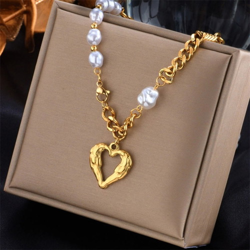 Steel gold-plated necklace with baroque pearls and embossed heart new