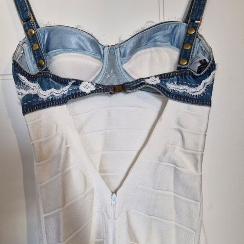 Cinema dress by Panos Zinas, white mini bandage with denim straps and details