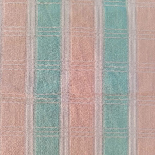 Handmade striped tablecloth used, pastel pink and green, 168x121 cm
