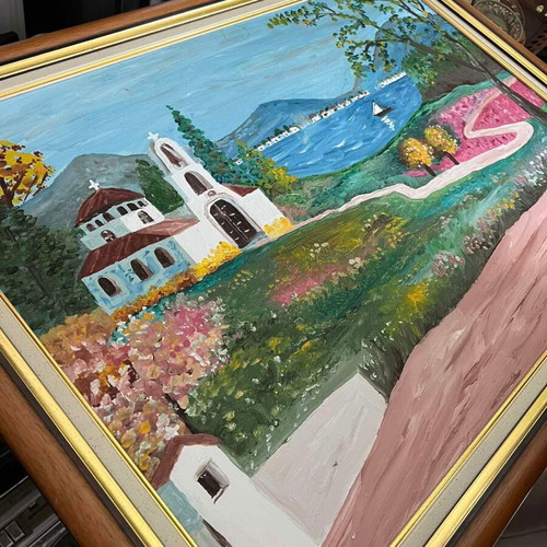 Painting on Island with Chapel like new, framed art