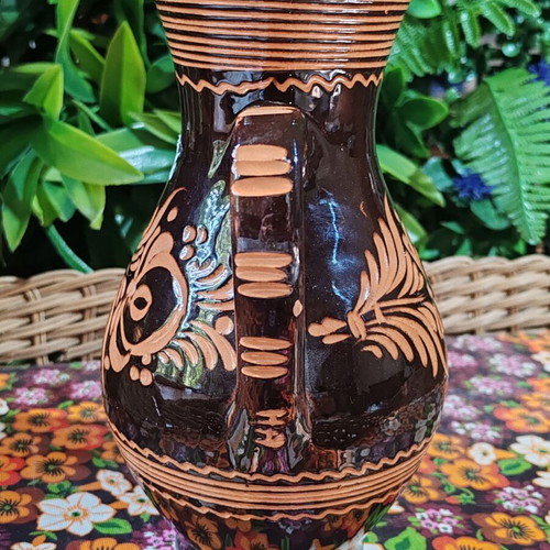 Vintage pottery jug with floral sgraffito decoration, 22 cm