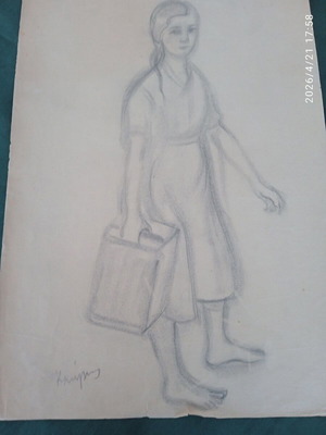 Painting by Orestis Kanellis "The Little Water Carrier" new, 34x48 cm