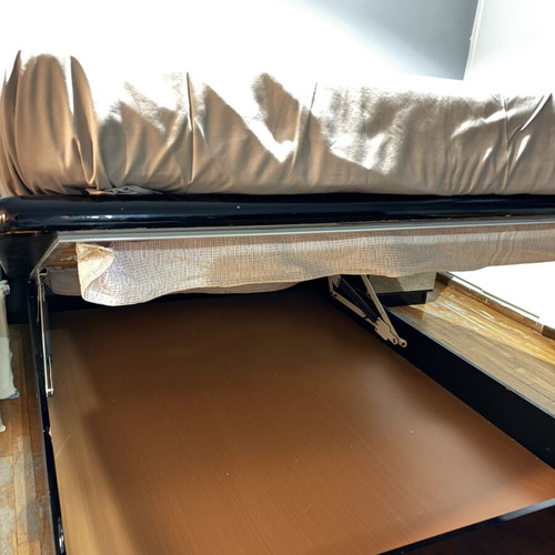 Bedroom furniture set used, includes bed, mattress, storage, nightstands, vanity, mirror