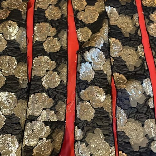 Gold-embroidered brocade trim black satin with gold roses new vintage