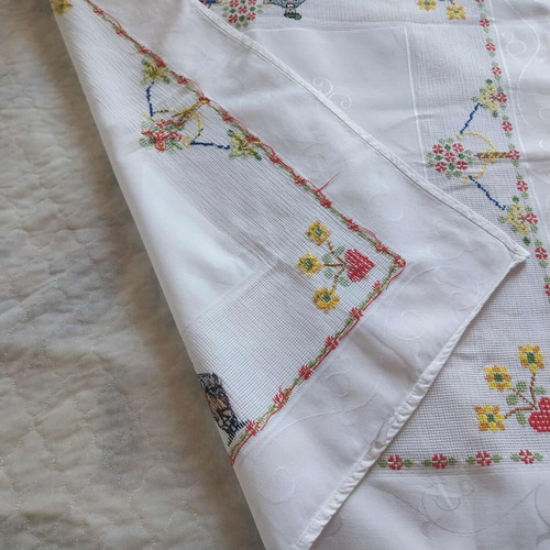 Vintage Austrian tablecloth like new, white with colorful embroidery