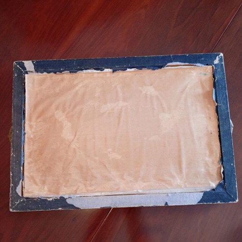 Embroidered tray used with wooden frame and copper handles