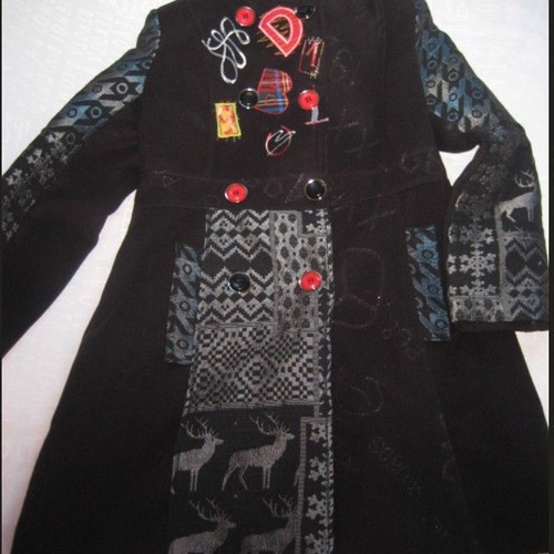 Desigual style women's coat, black with grey-blue jacquard ornaments