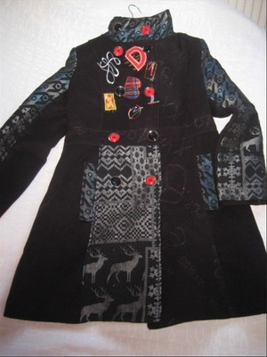 Desigual style women's coat, black with grey-blue jacquard ornaments
