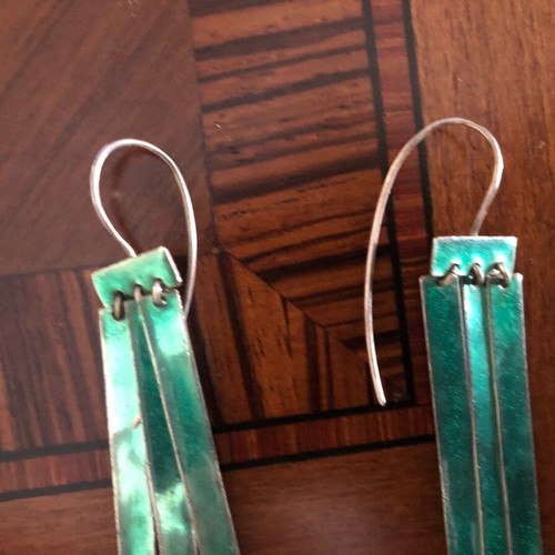 Silver earrings used, long, turquoise color