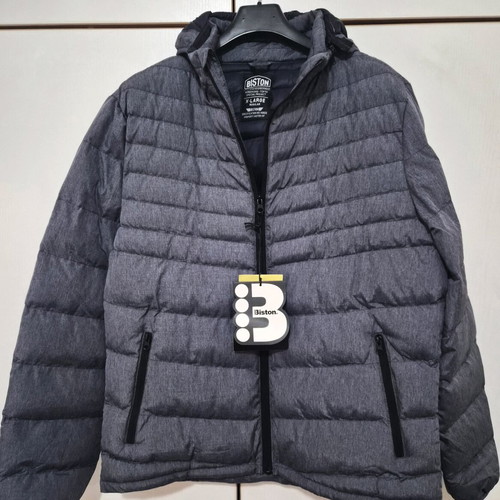 Men's quilted Biston jacket with hood new, gray blue XL