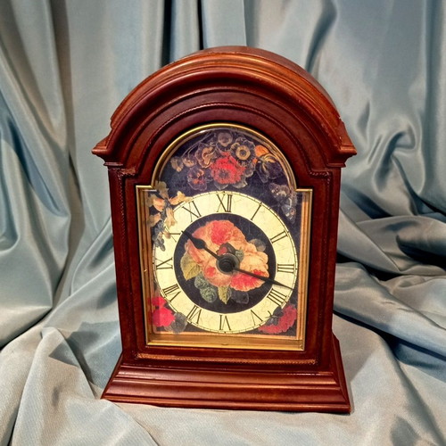 Wooden vintage desk clock with floral dial like new