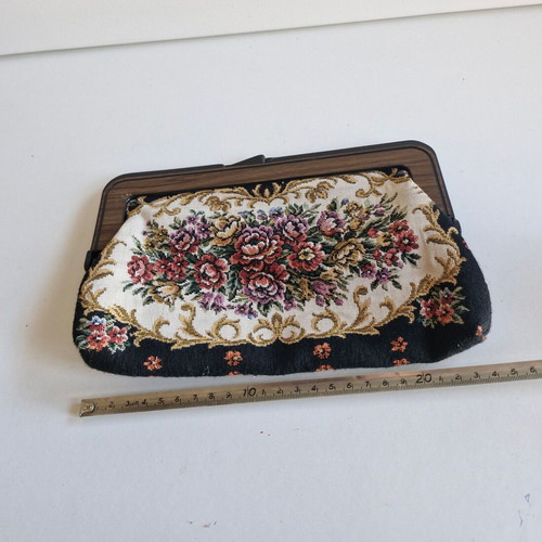 Vintage handbag clutch used with zipper pocket and fabric lining