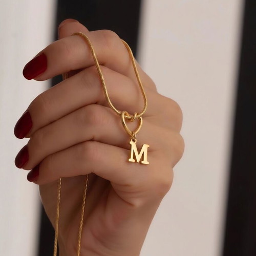 18K Gold Initial M Heart Necklace Stainless Steel New