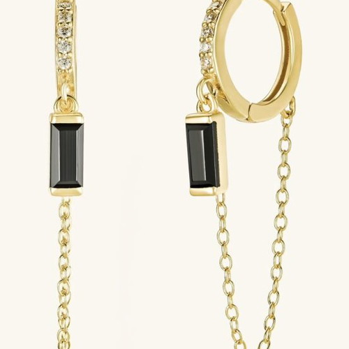 Hoop huggie earrings with black stone chain and strass, like new