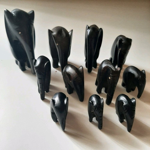 African figures used, set of 11, ebony wood
