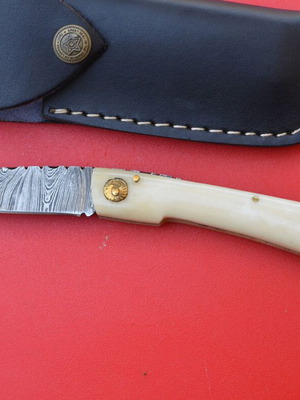 Damascus Custom Made Folding Knife Camel Bone Handle New