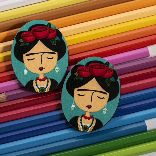 Wooden Frida earrings new, multicolored 5cm