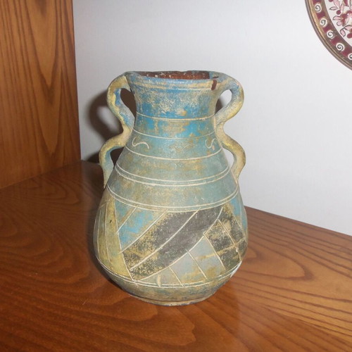 Ceramic decorative vase handmade water jug used, colorful geometric motifs
