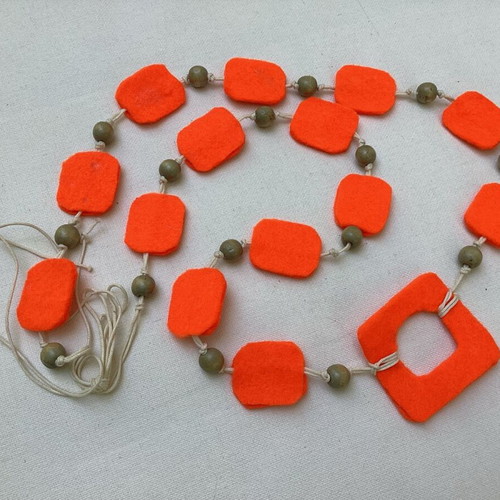 Handmade necklace with orange felt, statement jewelry APOPSIS like new