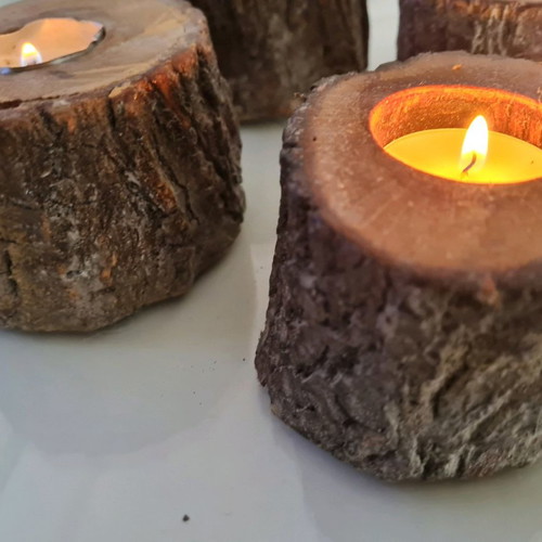 Wooden tealight candle holders used, set of 4 tree trunk style
