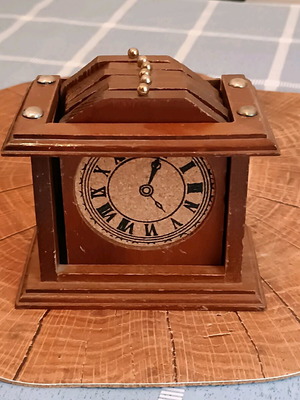 Vintage wooden clock with 6 coasters new