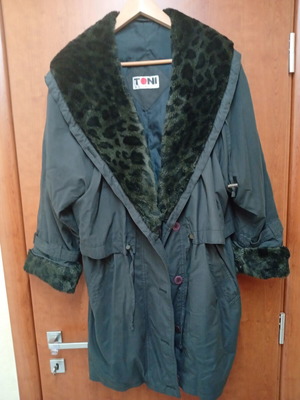 Women's long jacket with fur collar and cuffs used, black and gray, size L