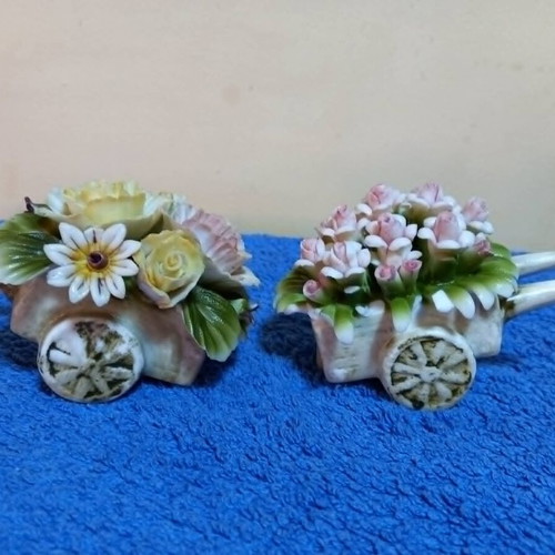 Capodimonte porcelain flower carts set used with hand-painted details
