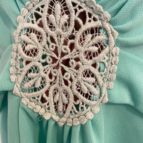 Wendy vintage 70s crimpolene maxi dress used, mint green with beige crochet