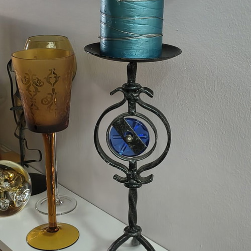 Handmade metal candlestick with blue glass detail, like new