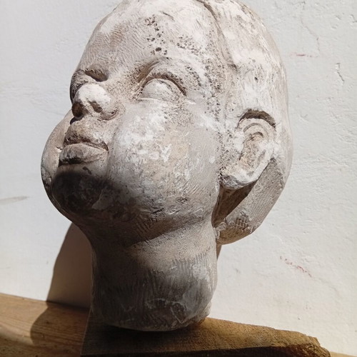 Plaster Head Sculpture on Wooden Base 23 cm, used