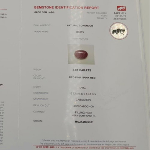 Ruby Cabochon 8.01 ct natural Mozambique with GFCO certificate