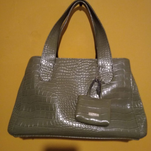 L. Credi olive vegan synthetic leather tote bag with charm and strap