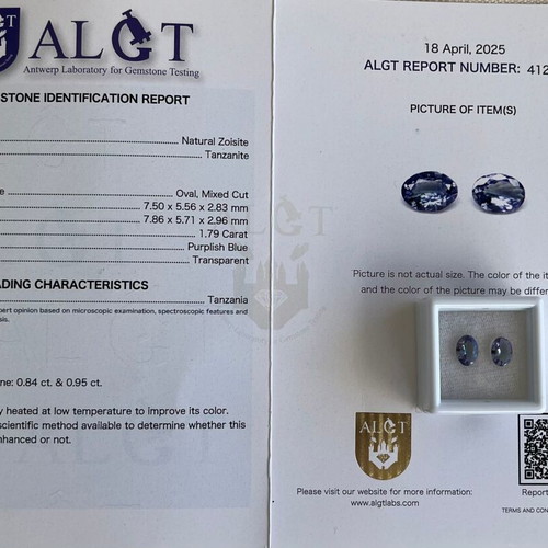 Pair of natural tanzanites 0.85ct & 0.95ct with ALGT certification