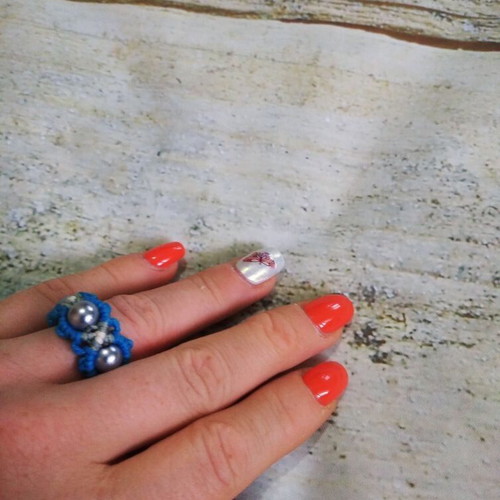 Macrame ring, handmade, blue and silver