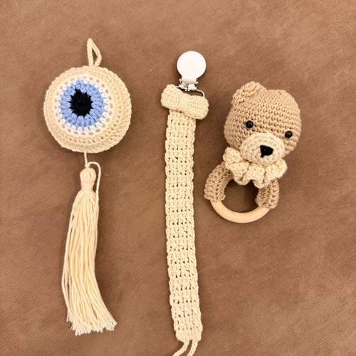 Baby set teether-rattle-pacifier clip made to order