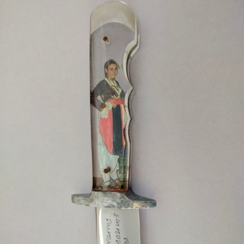 Traditional Cretan decorative souvenir knife with engraved mantinada on blade