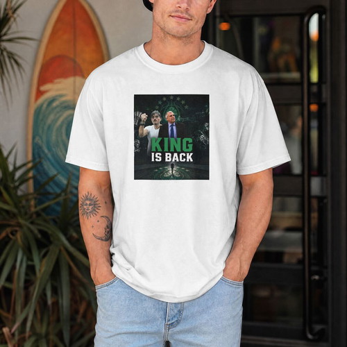 T-Shirt The King Is Back 2 new, unisex, white, polyester jersey