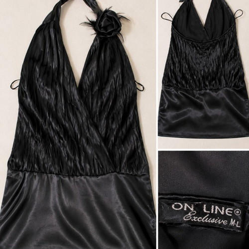 On Line Exclusive Black Satin Halter Top M/L Like New with Rose