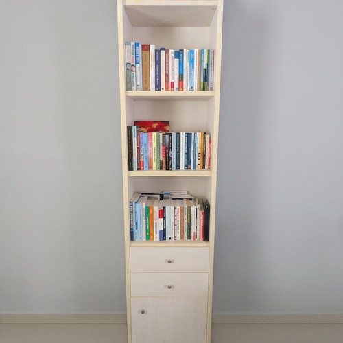 Wooden tall bookcase with drawers and cabinet, used, good quality