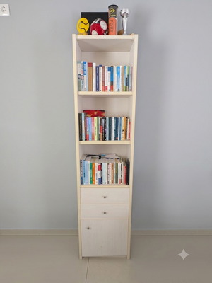 Wooden tall bookcase with drawers and cabinet, used, good quality
