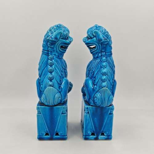 Vintage Chinese Turquoise Blue Porcelain Foo Dogs set used