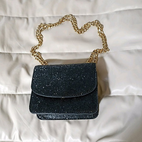Stradivarius shoulder bag black with rhinestones and gold chain new