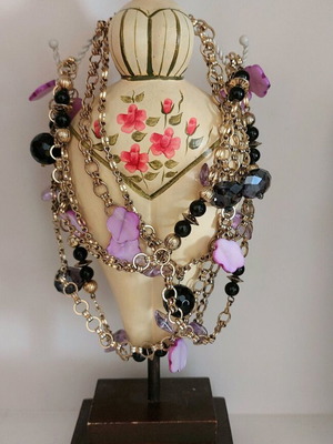 Long necklace with chains used, multicolored and gold tone