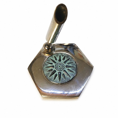 Vintage metal desk pen holder with Vergina Sun motif used
