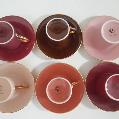 Espresso cup set used, 6 pieces fine porcelain pink and burgundy