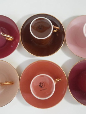 Espresso cup set used, 6 pieces fine porcelain pink and burgundy