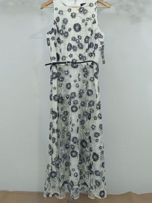 Tahari maxi dress off-white with black embroidered flowers, new