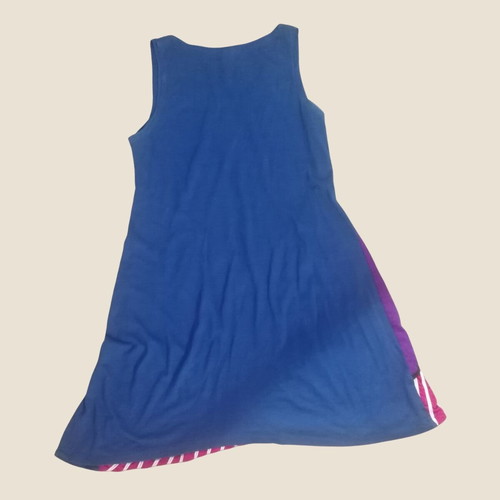 Boho cotton dress used, blue with colorful patchwork, S-M